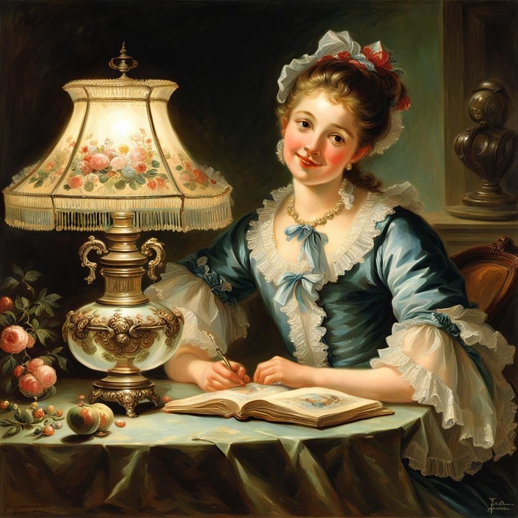 Beautiful French Girl with Antique Lamp in Rococo Style