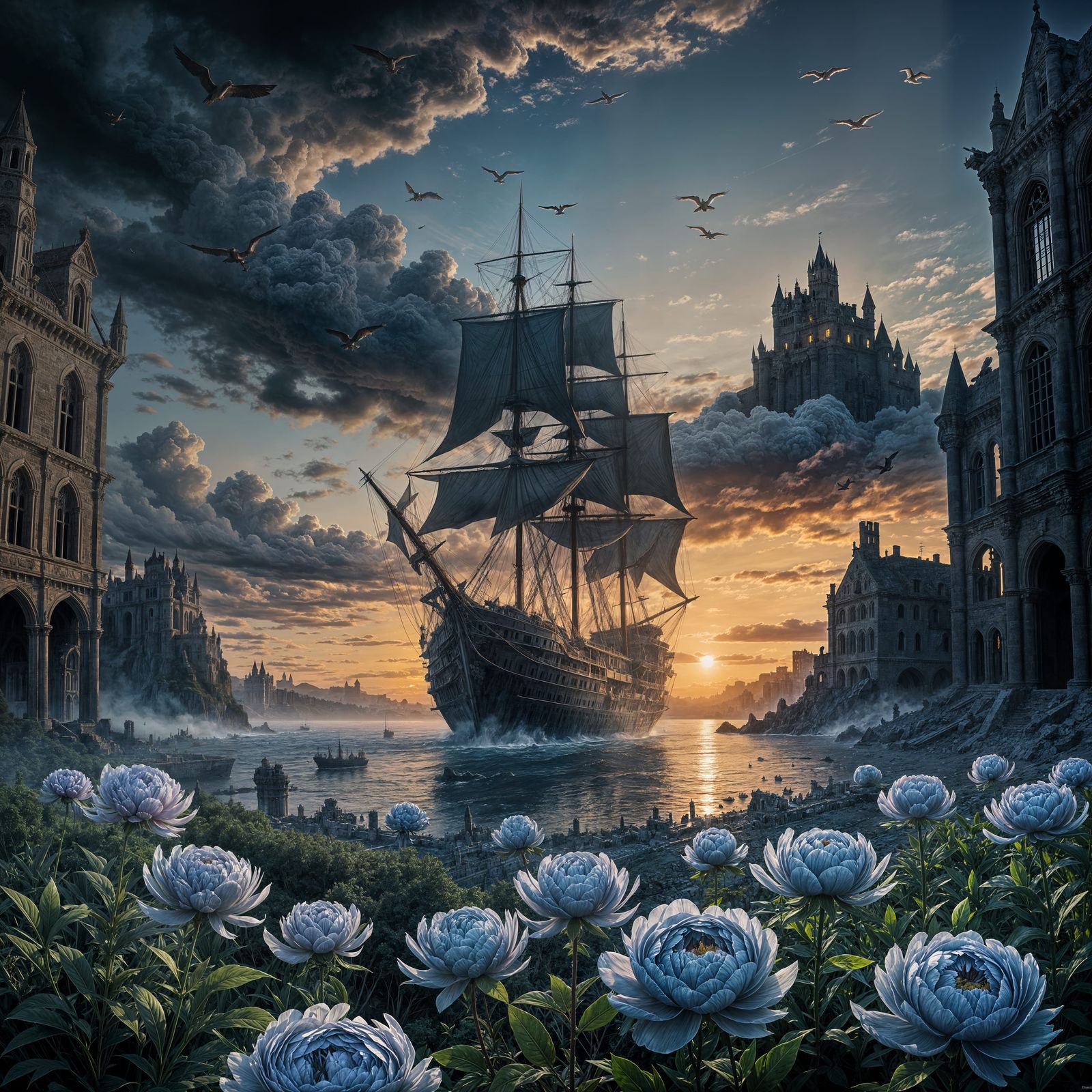 A Pale Blue Peony Soars Above a Medieval Castle Ruins with a...