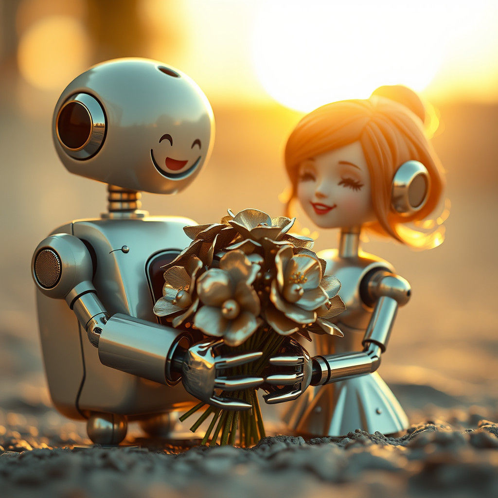 Adorable Toy Robots in Love: Cinematic Film Still