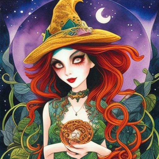 Fairytale Pretzel Witch in European Ink Art