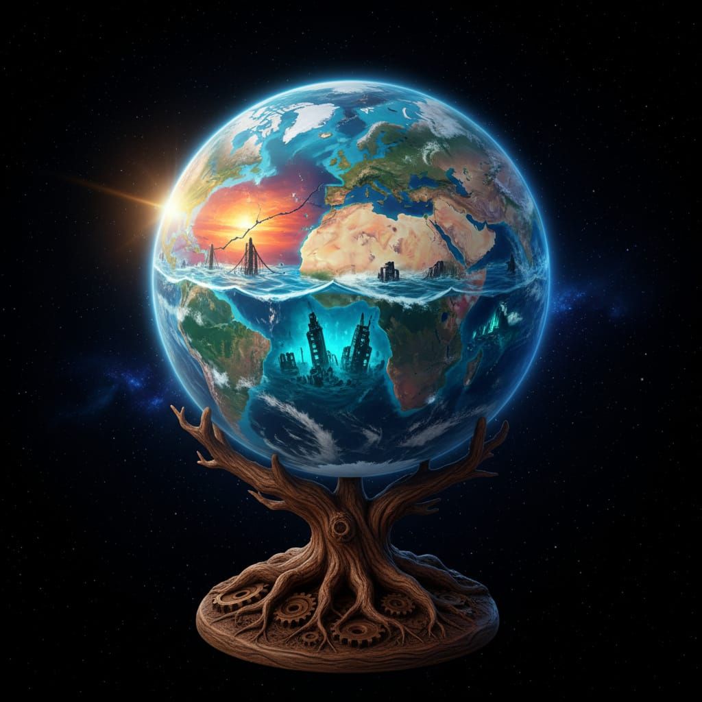 Wooden Earth Globe: Melting Arctic & Submerged Cities