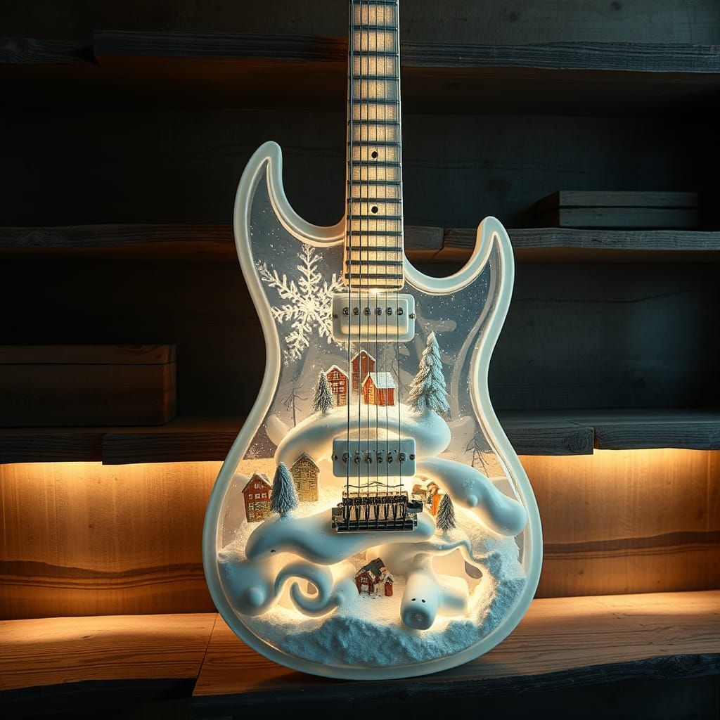 Glass Guitar Snow World, Hyperrealistic Digital Art