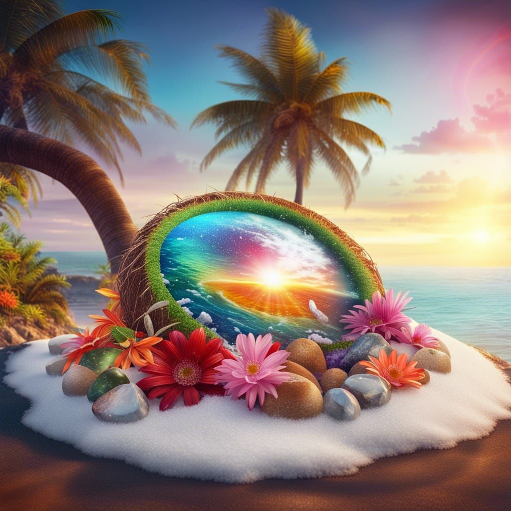 Colorful Crystal Stone on Snowy Beach at Sunrise