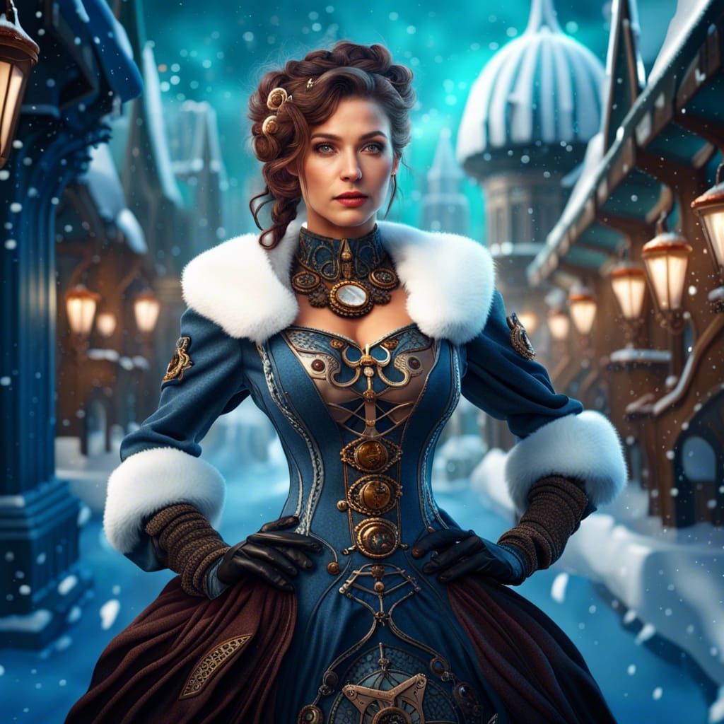 Steampunk Winter Wonderland Woman: Detailed Matte Painting