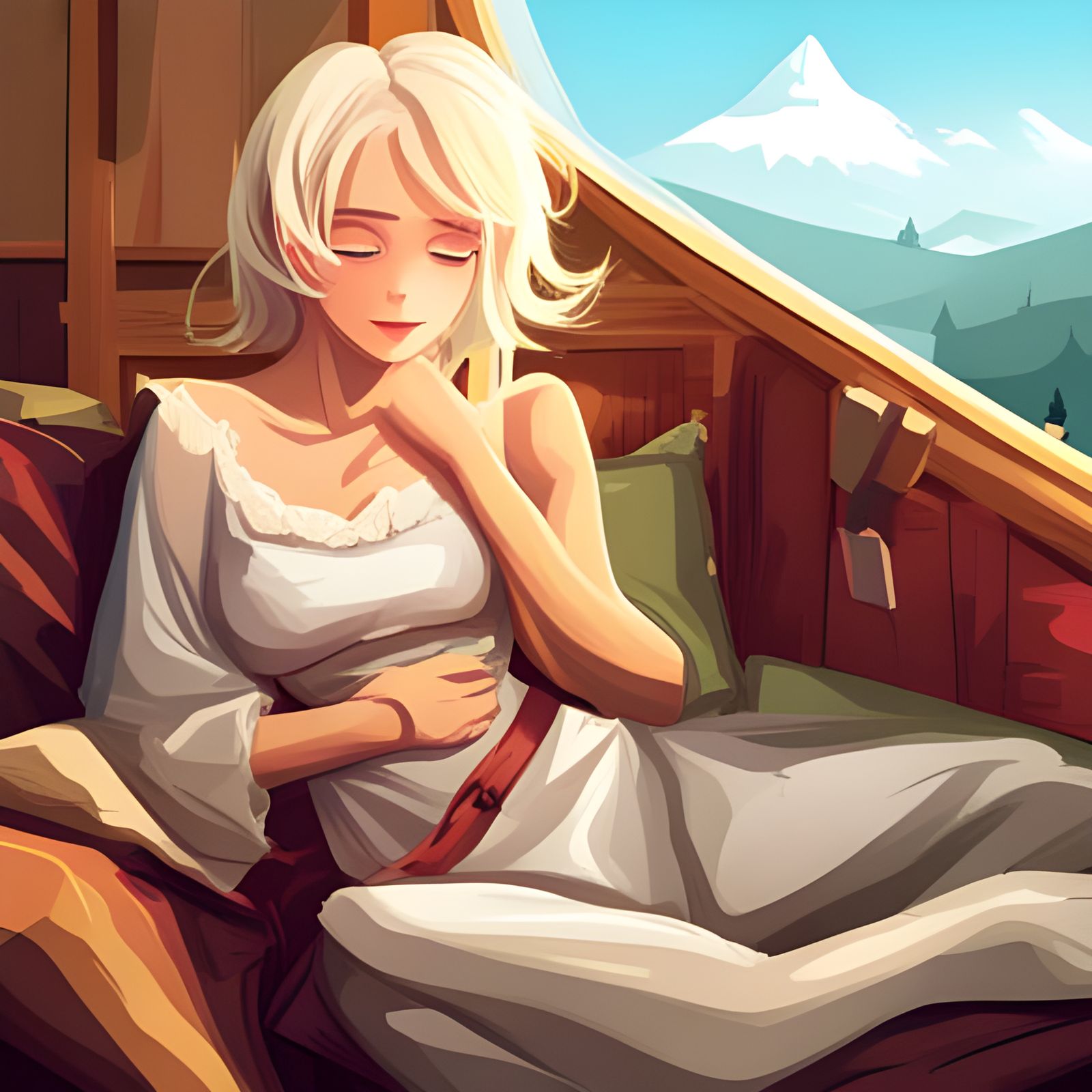 Anime Fairy Reclining in Mountain Cabin