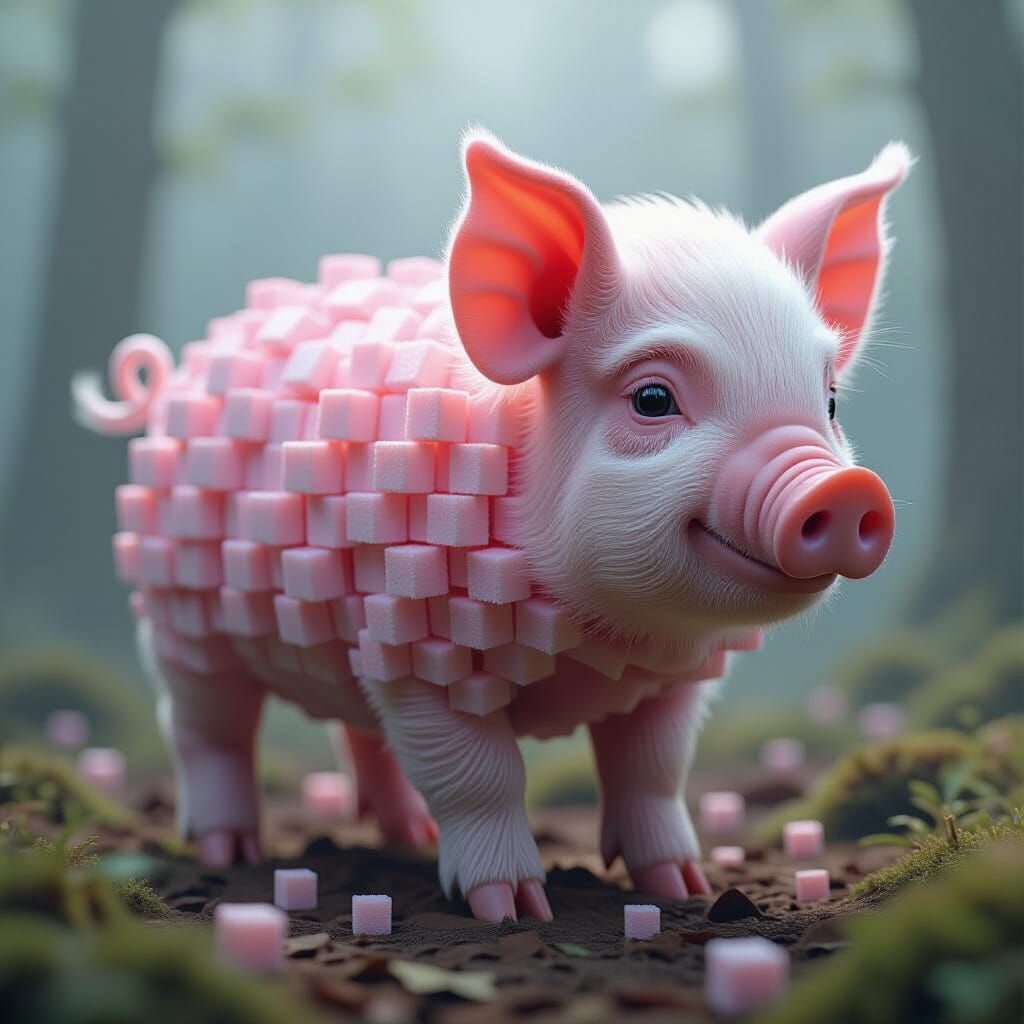 Surreal Pixelated Piglet in Ethereal Dreamscape
