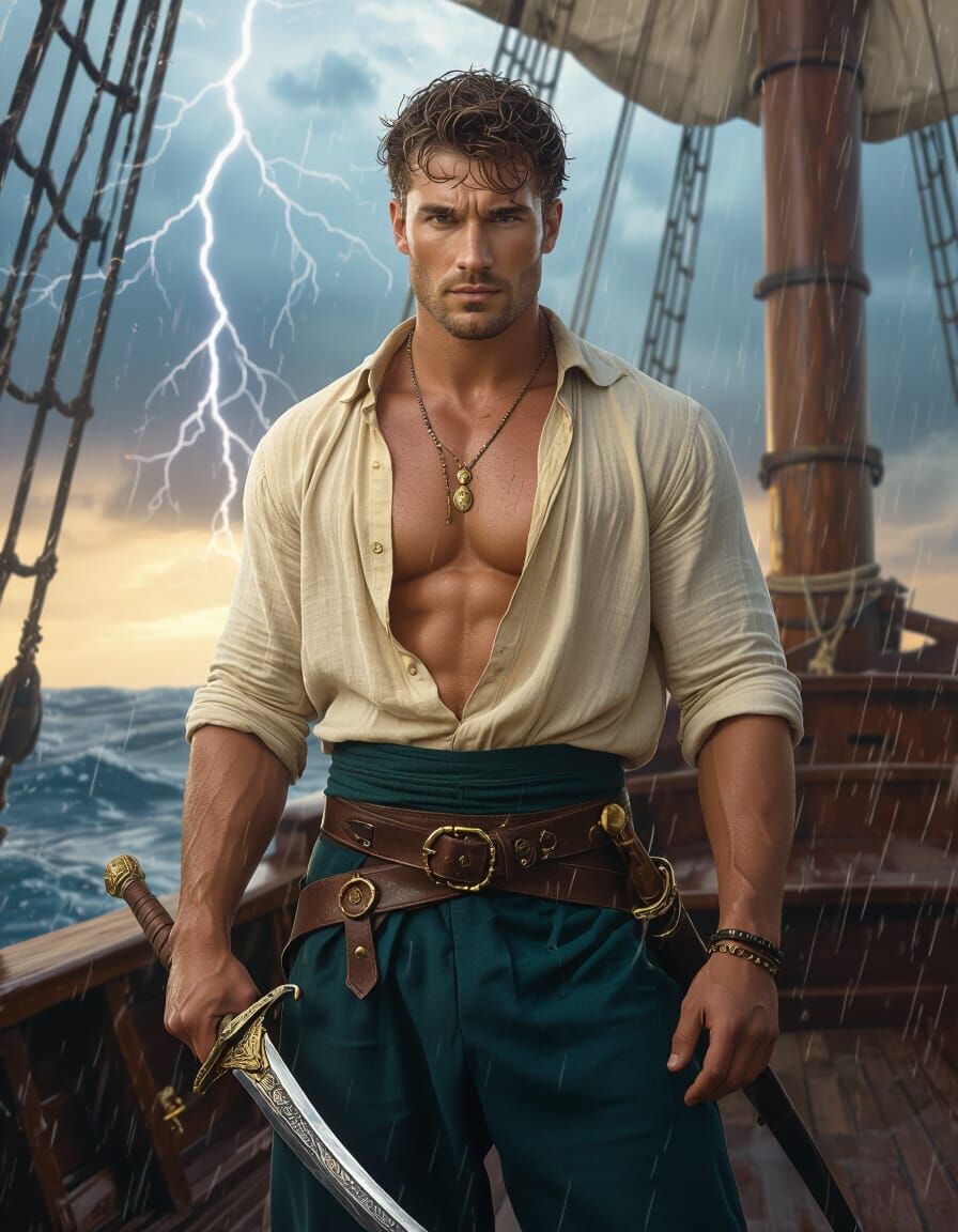 Muscular Man with Scimitar on Stormy Ship Deck