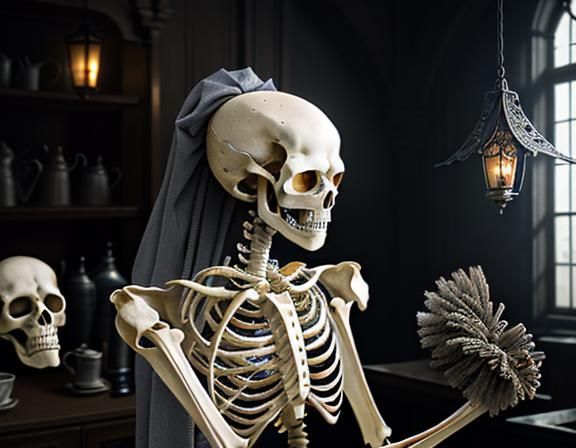 Furry Skeleton Cleans Bones: Art Nouveau Dark Fantasy