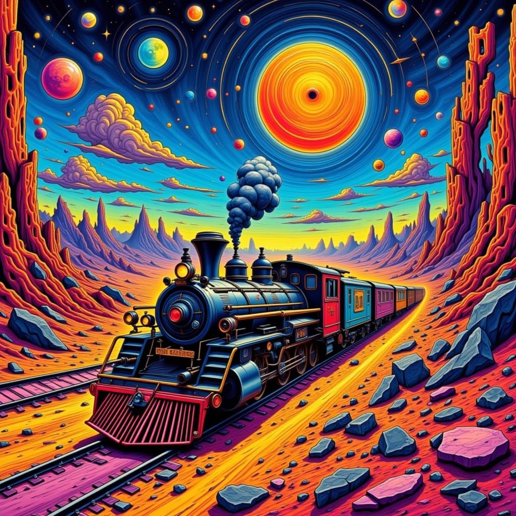 Locomotive in Surreal Landscape, Caricature Style