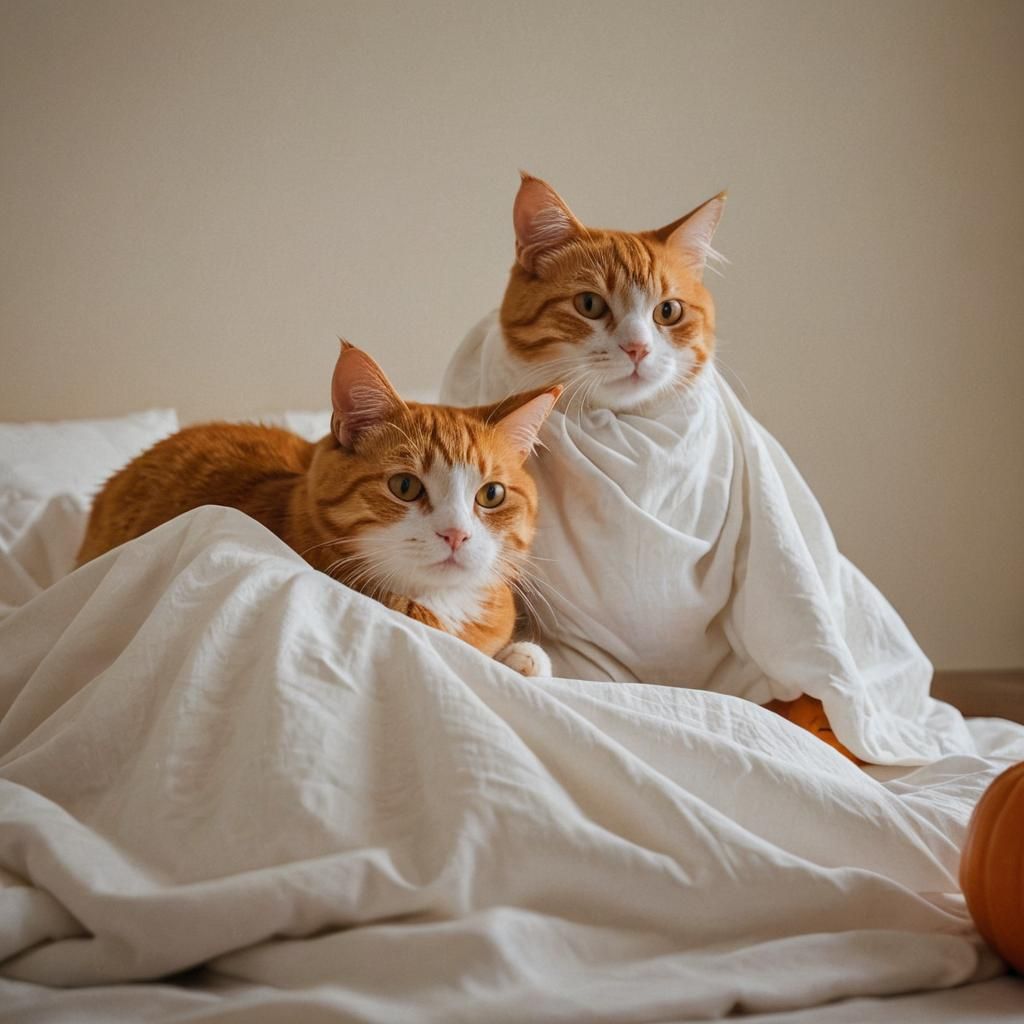 Orange Cat Ghost Beside Jack-o'-Lantern in Cinematic Style