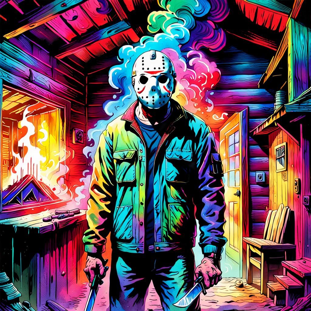 Rainbow Jason Voorhees in Spooky Cabin: 80s Retro Art