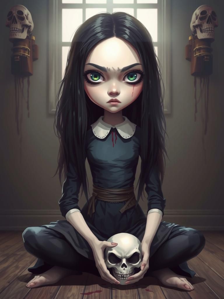 Eerie Girl with Skull in Gothic Anime Style