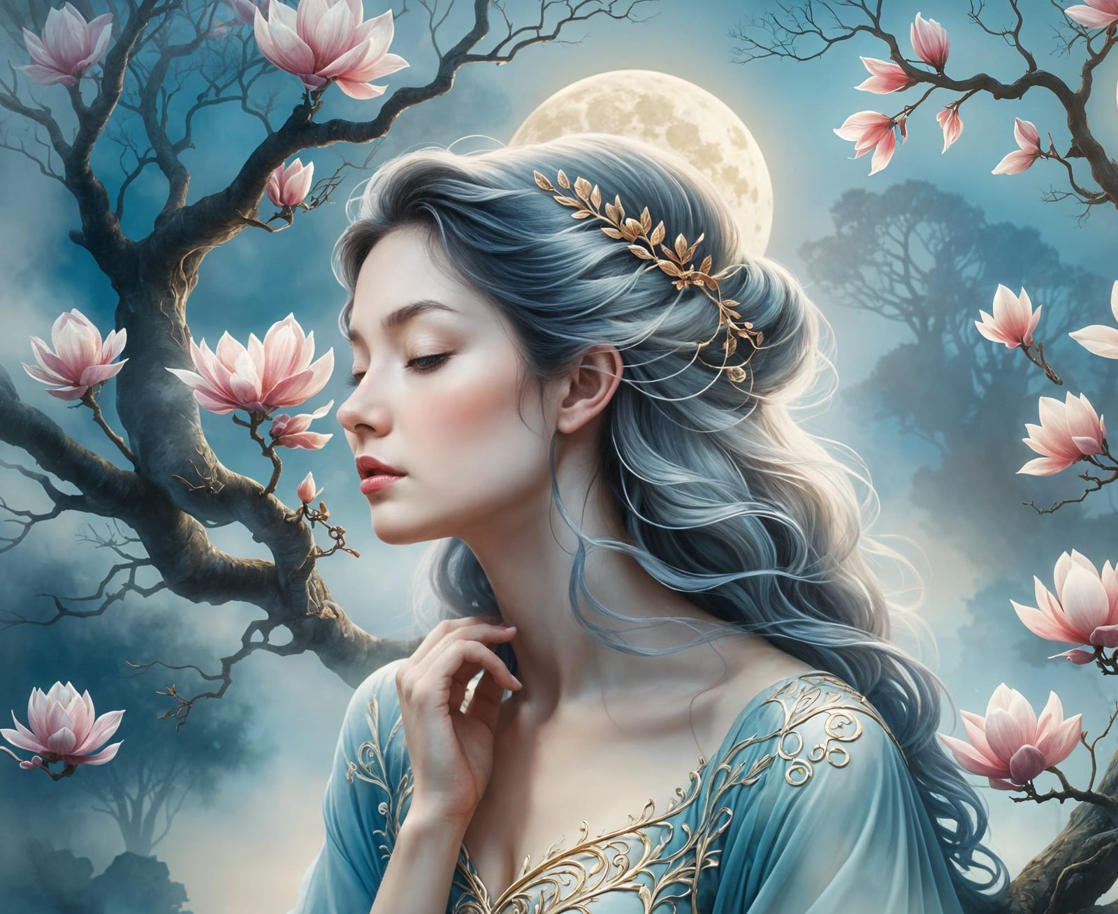 Ethereal Woman Portrait with Magnolia Trees in Moonlight