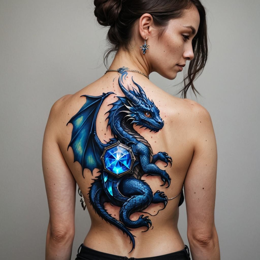 Woman's Dragon Tattoo with Glowing Sapphire