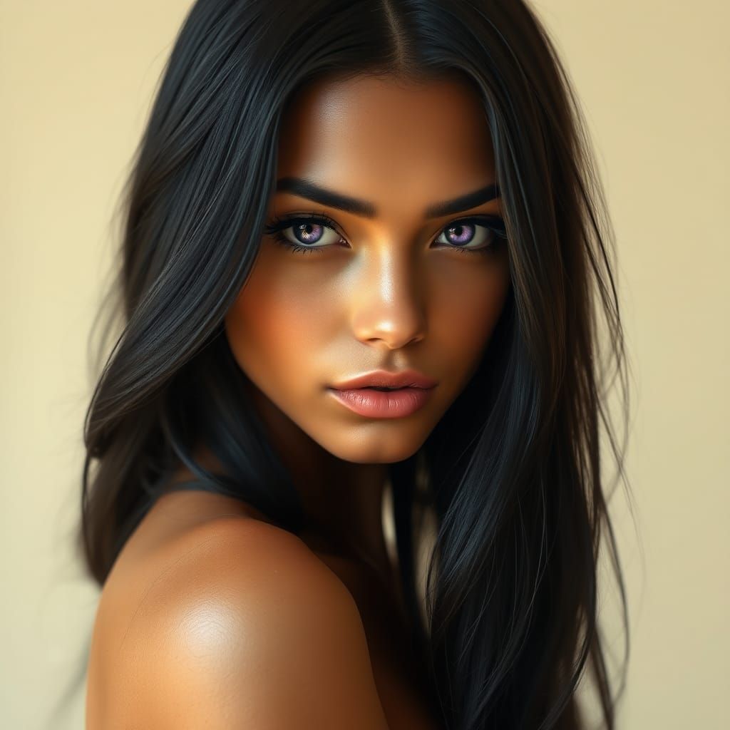 Elegant Woman with Violet Eyes: A Digital Portrait