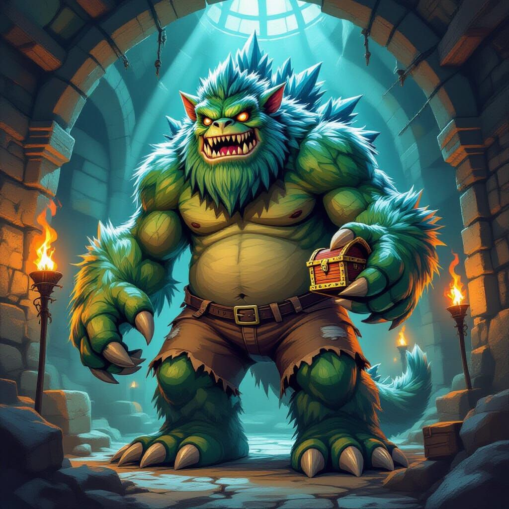 Giant Monster Holding Treasure Chest in Dungeon