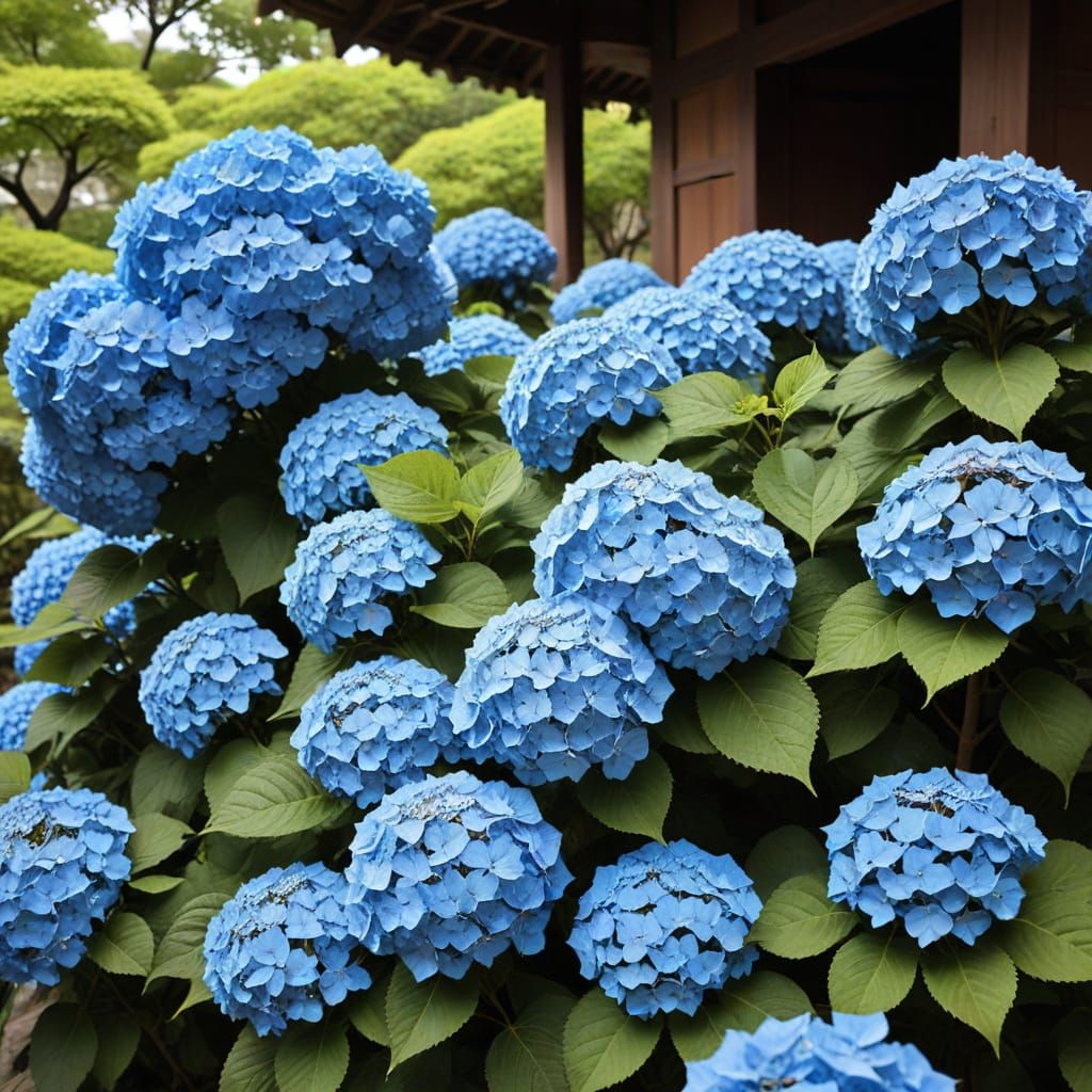 Hydrangeas Bloom in Japanese Temple Garden