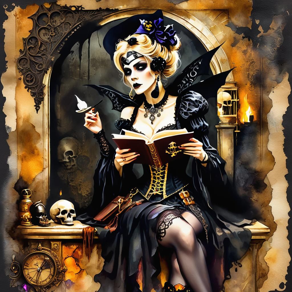 Gothic Steampunk Witch Reading: Watercolor Illustration