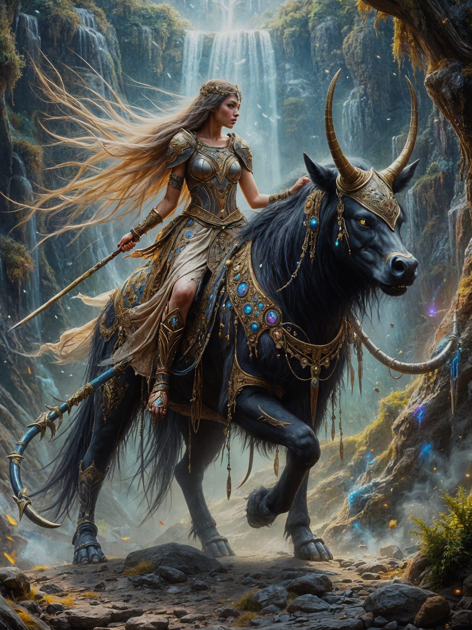 Princess Warrior and Beast in Dark Oil Paint Style