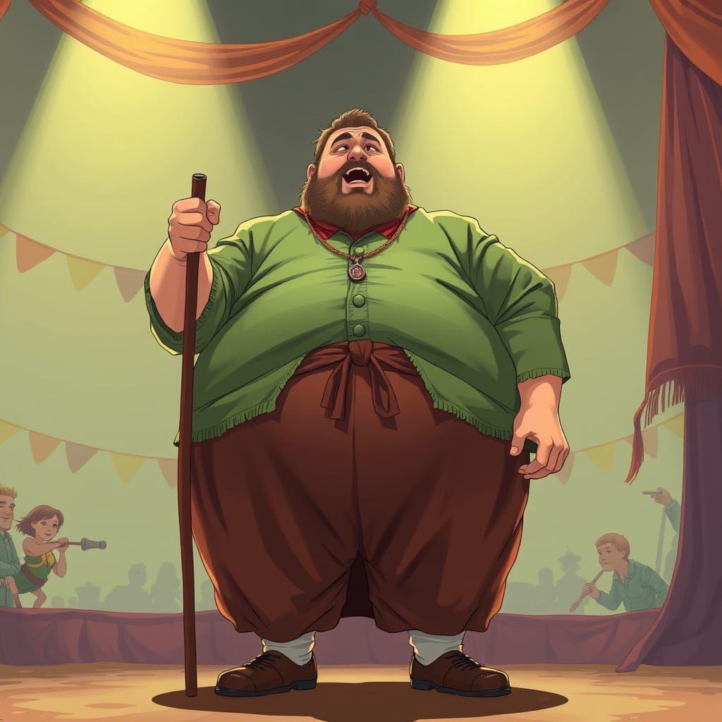 Fat Man Performs at the Circus in Vibrant Anime Style