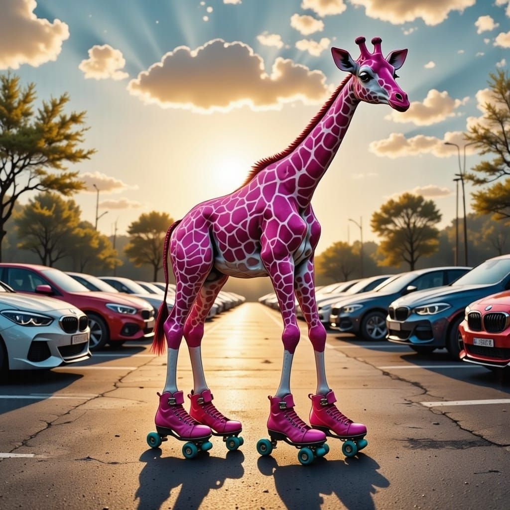 Vibrant Pink Giraffe on Roller Skates in Car Park