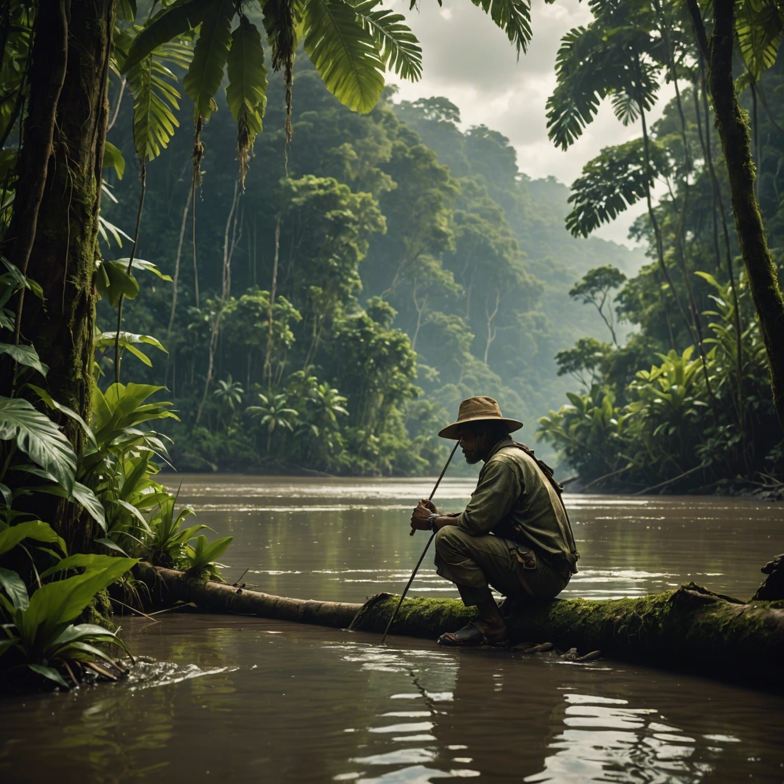 Amazon Fisherman in Lush Rainforest