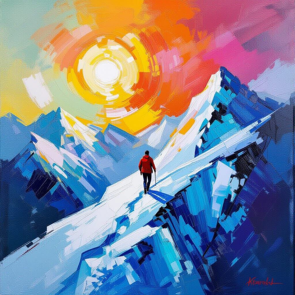 Ascent of a Lone Figure: Abstract Expressionist Mountain
