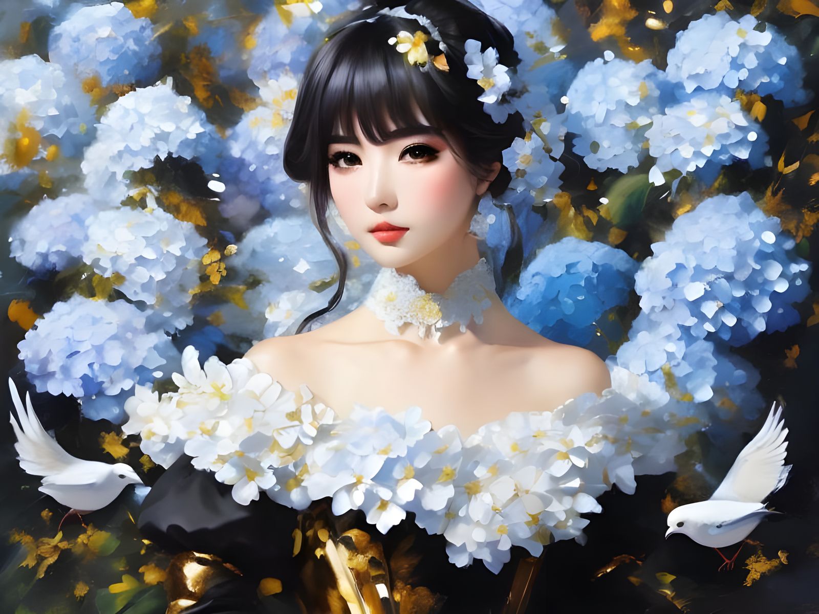 Anime Girl Silhouette with Floral Birds, Speedpaint Style