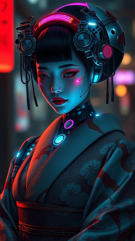 Cyborg Geisha with Neon Accents in Cyberpunk Style