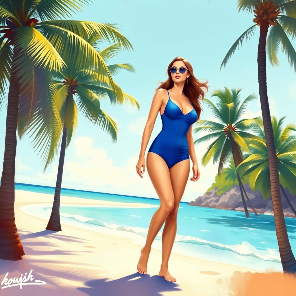 Woman on Sunny Beach in Art Nouveau Style