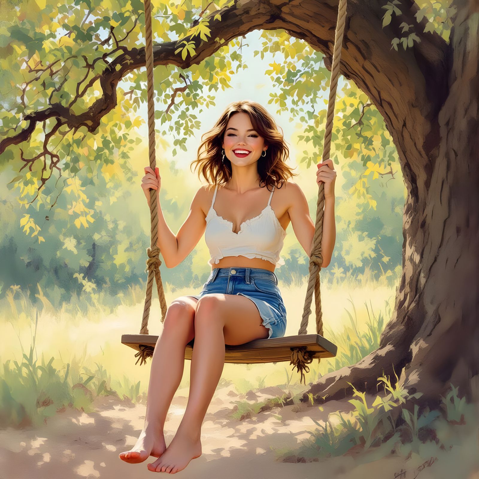Emma Stone Joyfully Swinging on Rope Swing in Forest