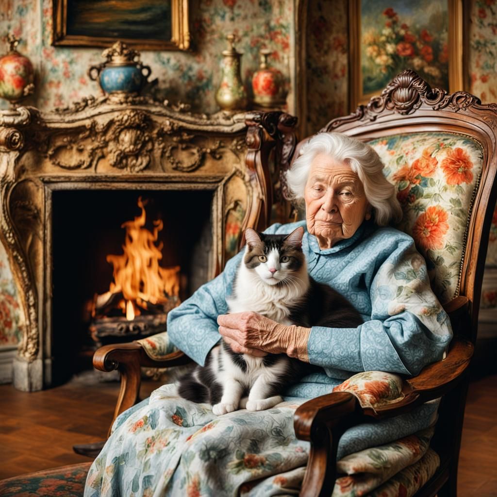 Elderly Woman with Cat: Impressionistic Style