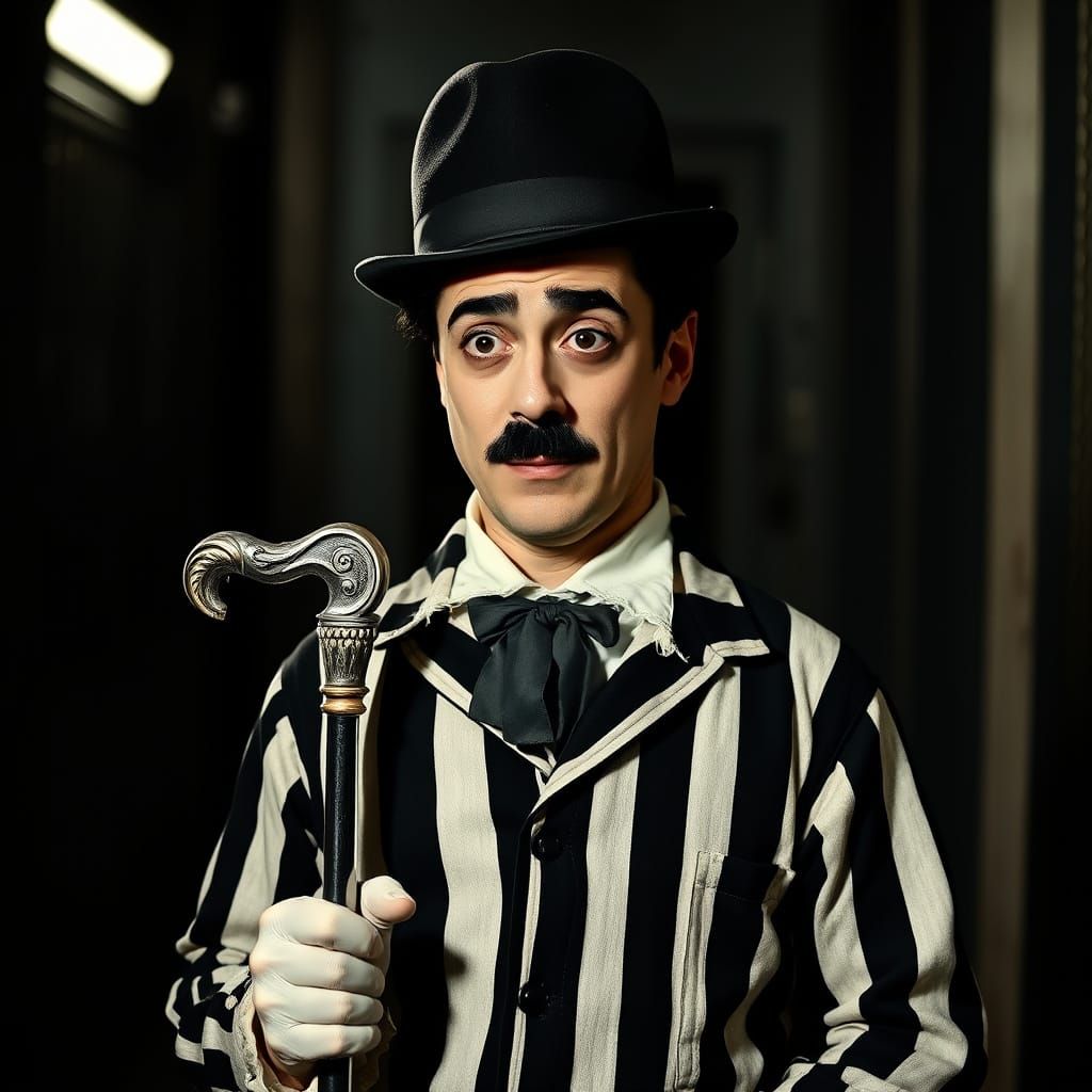 Prisoner in Classic Striped Attire, Holding Ornate Cane