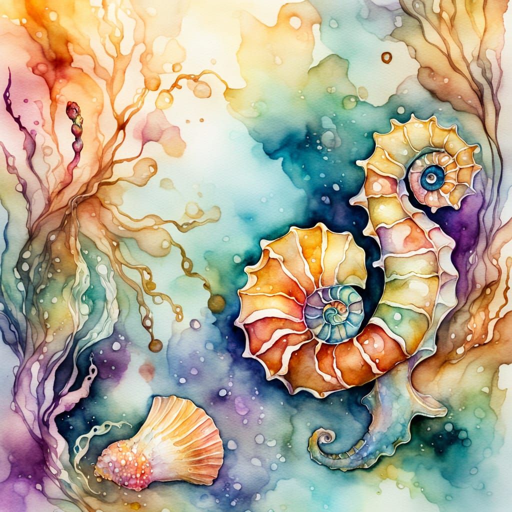 Seashells, Seahorse, Jellyfish in Watercolour Alcohol Ink