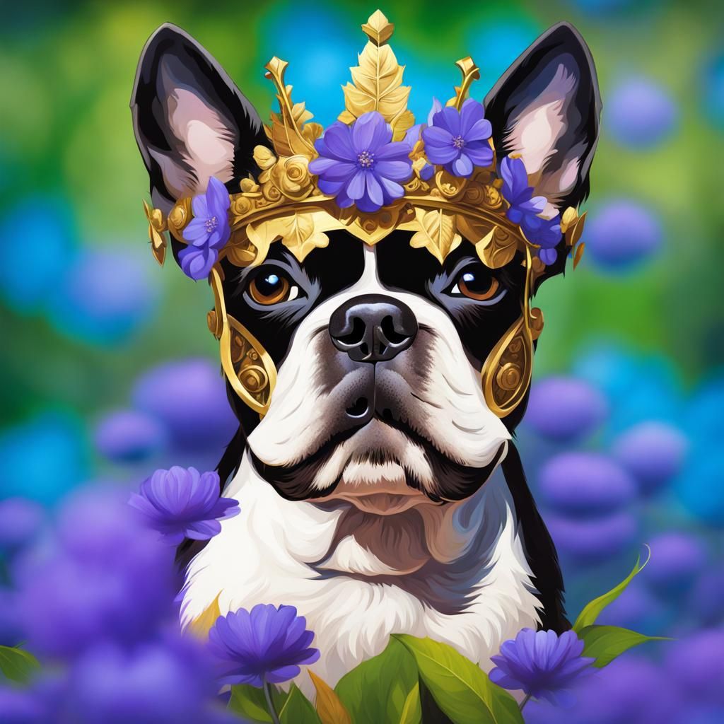 Boston Terrier with Floral Crown in Medieval Setting