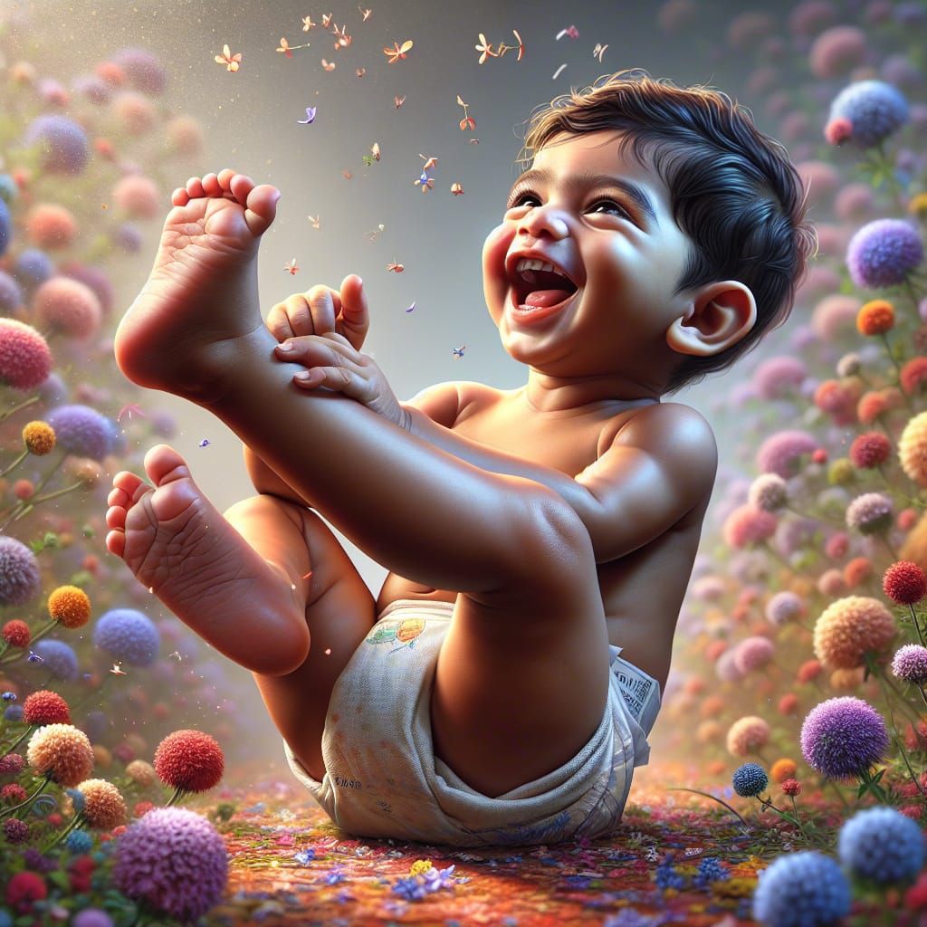 Joyful Toddler Laughing in Field of Flowers