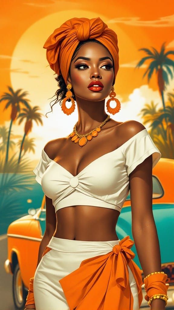 Confident Woman in Tropical Retro Scene with Art Deco Flair