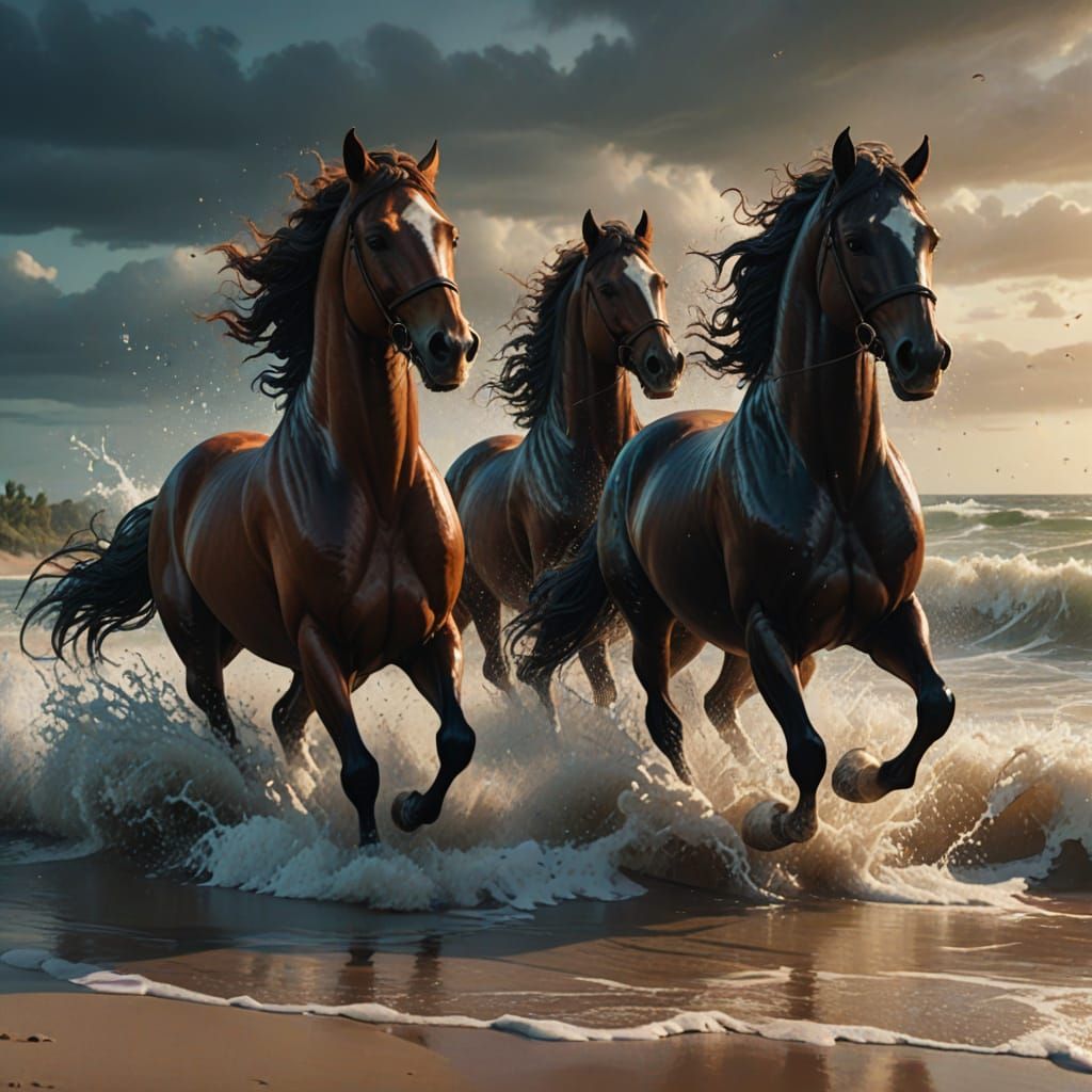 Fantasy Horses Gallop on Beach in Dramatic Light