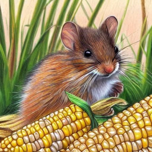 Realistic Meadow Vole with Gigantic Corn, Colored Pencil