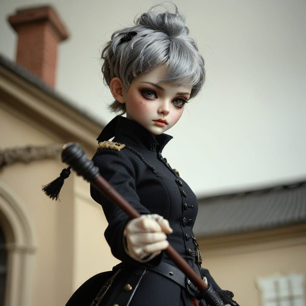 Pixie in Military Uniform Holds Riding Crop with Menacing Se...