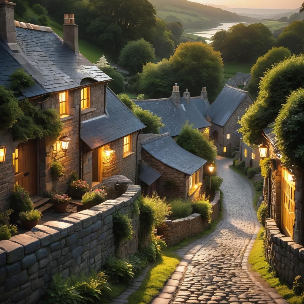 Rustic Village Road in Warm Sunset Light