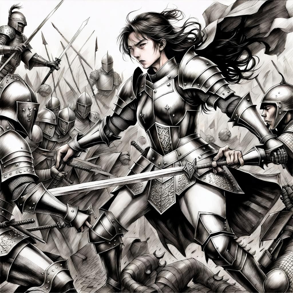 Woman Knight Battles Demon: Manga Pencil Art