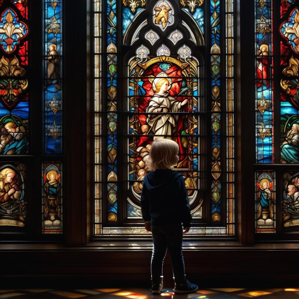 Child in Awe Before Stained Glass Window