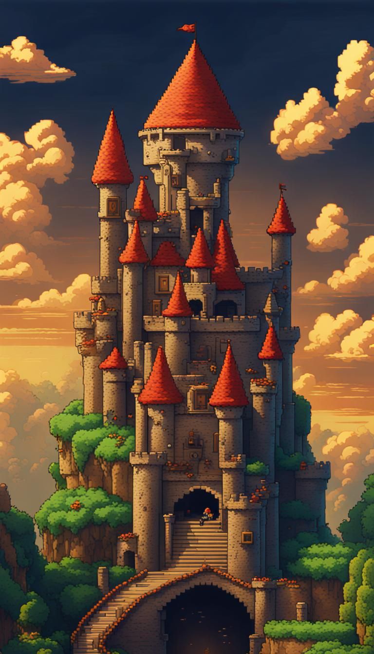 8-bit Nintendo pixel-art background of King Koopa Castle fro...