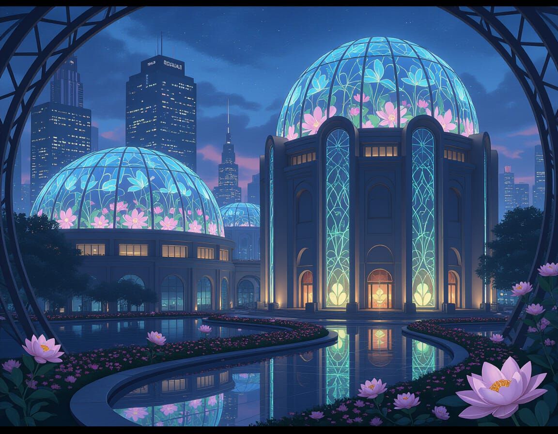 Luminous Ice Futurism Cityscape with Flower Gardens