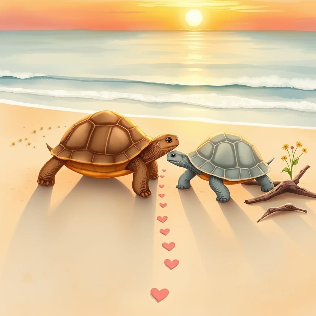 Serene Sunset Beach Scene with Whimsical Tortoises and Heart...