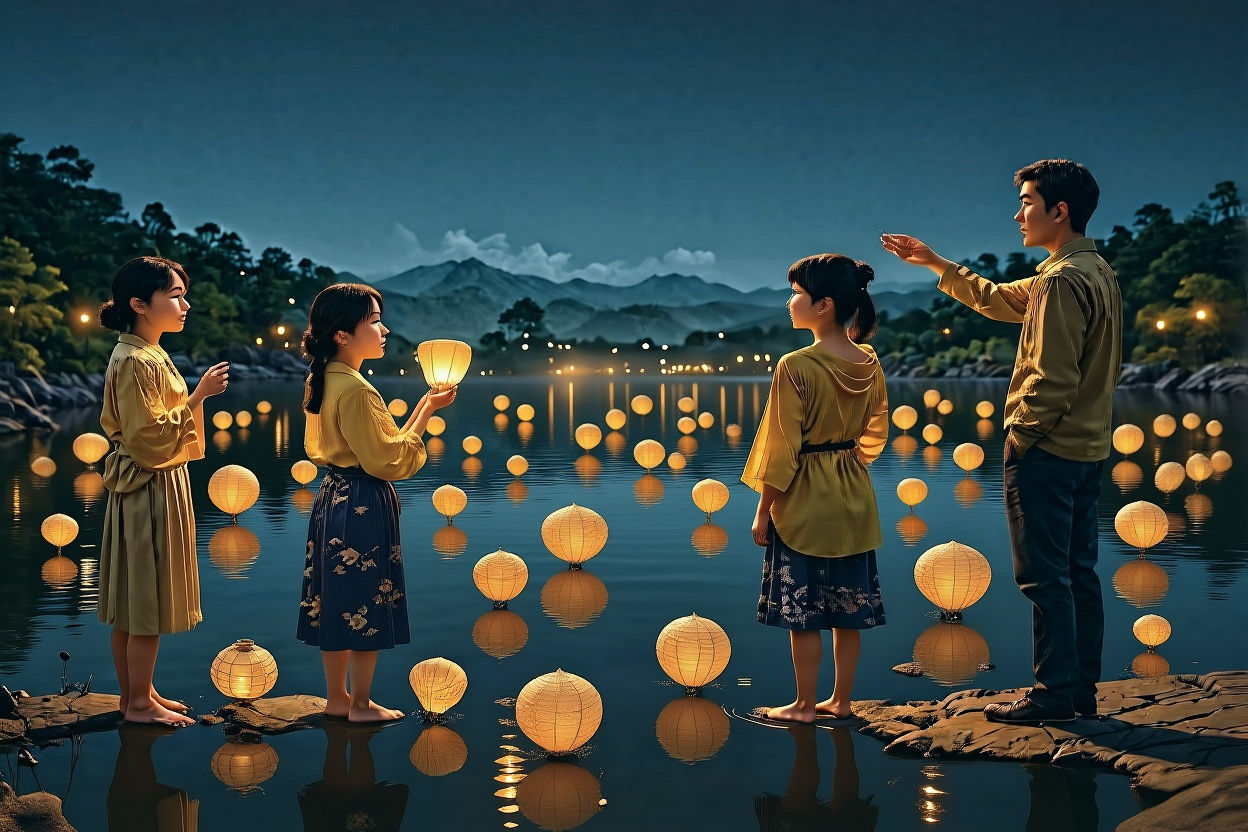 Japanese Lanterns Glow Over Lake at Night