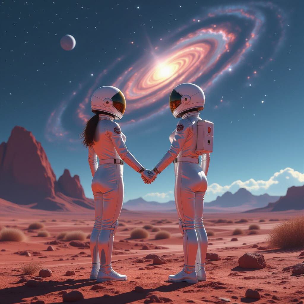 1950s Astronaut Women Holding Hands on Alien Planet