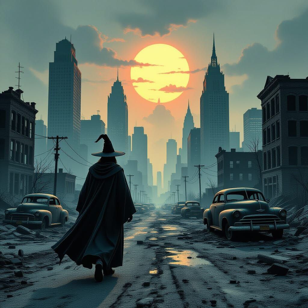 Lone Wizard in Post-Apocalyptic Detroit Charcoal Drawing