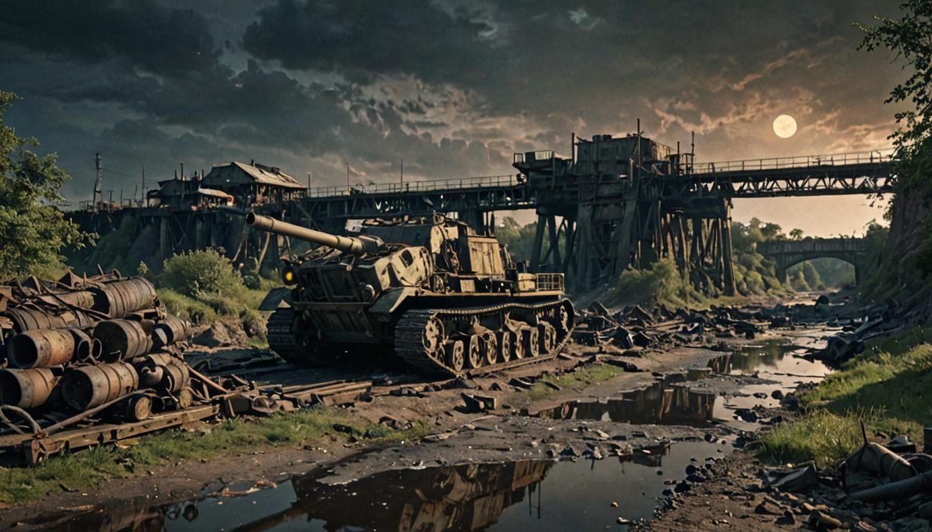 Dieselpunk Artillery Gun on Ruined Wasteland Bridge